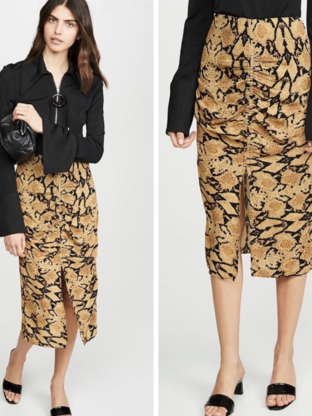 ba&sh Yellow and Black Snake-Print Midi Pencil Skirt